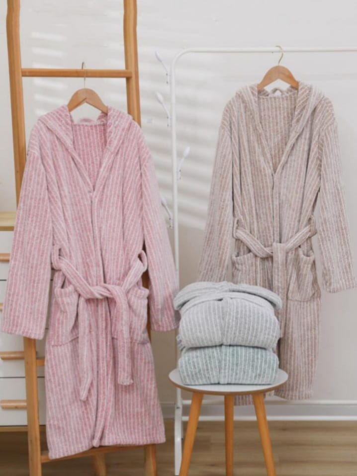 DREAM-CITY Men's Zudo Style Striped Pattern Luxury Cotton Bathrobe